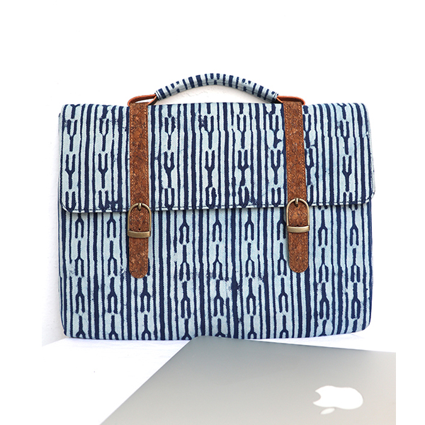 Kirgiti's Vegan Leather and Dabu Print Canvas Indigo Fork 'Unisex' Laptop Sleeve - 15"
